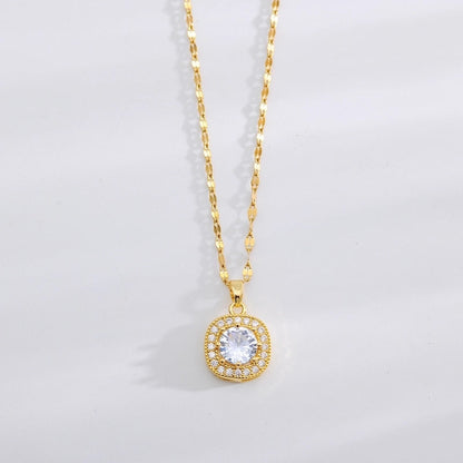 Copper 18K Gold Plated Minimalist Shiny Inlay Square Zircon Rings Earrings Necklace