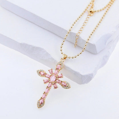 Copper 18K Gold Plated Plating Cross Zircon Pendant Necklace