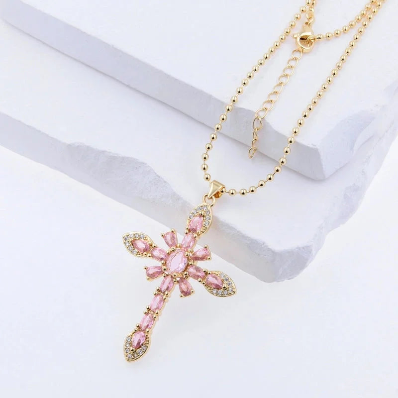 Copper 18K Gold Plated Plating Cross Zircon Pendant Necklace