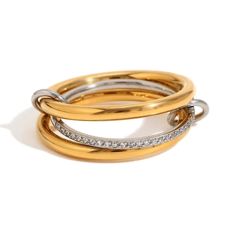 IG Style Circle 304 Stainless Steel Rhinestones 18K Gold Plated Layered Plating Inlay Rings