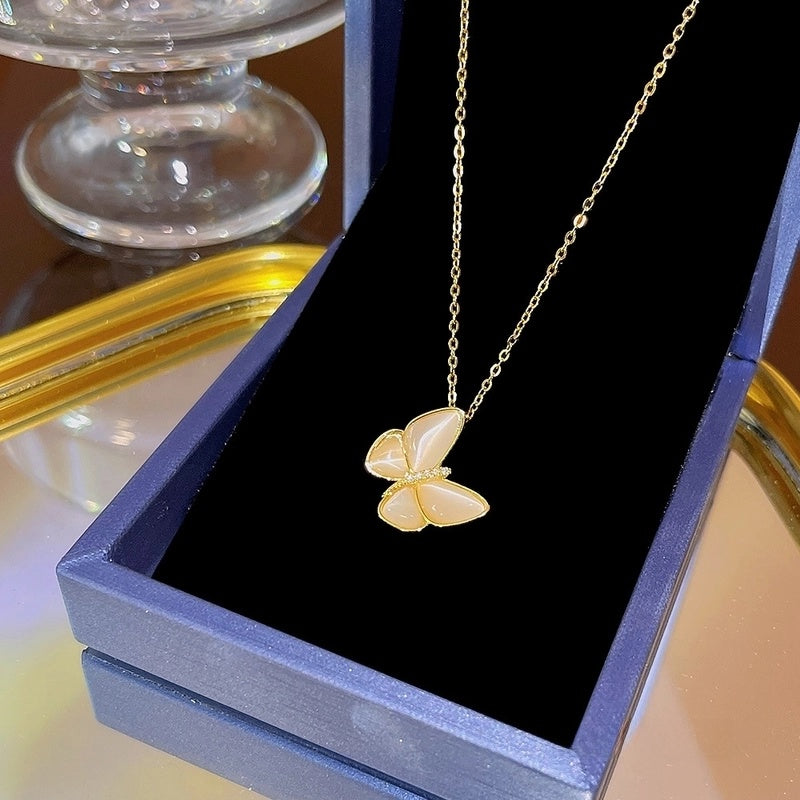 Elegant Classic Style Geometric Moon Bow Knot Titanium Steel Zircon Pendant Necklace