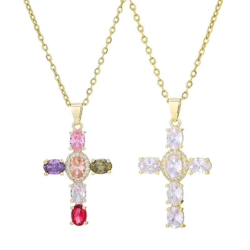 Fashion Cross Copper 18k Gold Plated Zircon Pendant Necklace In Bulk