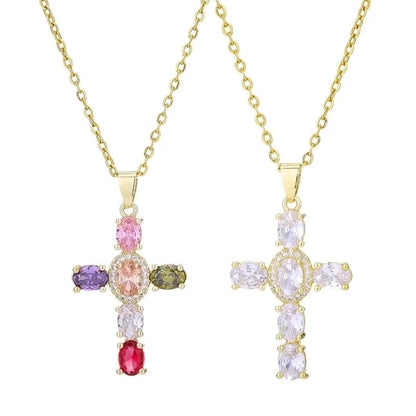 Fashion Cross Copper 18k Gold Plated Zircon Pendant Necklace In Bulk
