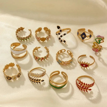 Retro Eye Flower Snake 304 Stainless Steel 18K Gold Plated Enamel Open Rings