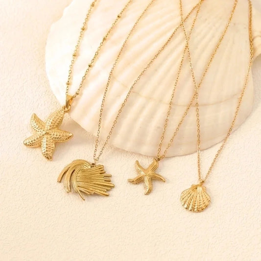 Vacation Marine Style Beach Scallop Starfish Titanium Steel 18K Gold Plated Chain Pendant Necklace