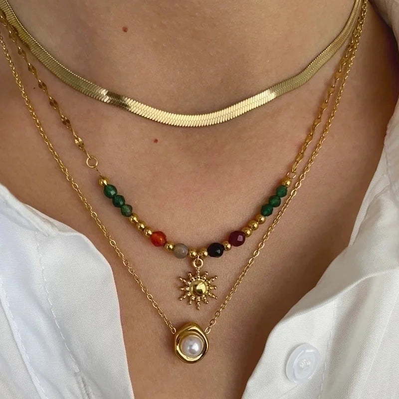 Elegant Retro French Style SUNFLOWER (Jz001) Pearl 316L Stainless Steel Imitation Pearl Natural Stone 18K Gold Plated Beaded Inlay Pendant Necklace