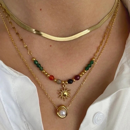 Elegant Retro French Style SUNFLOWER (Jz001) Pearl 316L Stainless Steel Imitation Pearl Natural Stone 18K Gold Plated Beaded Inlay Pendant Necklace