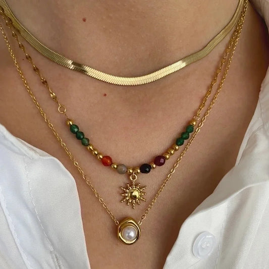 Elegant Retro French Style SUNFLOWER (Jz001) Pearl 316L Stainless Steel Imitation Pearl Natural Stone 18K Gold Plated Beaded Inlay Pendant Necklace