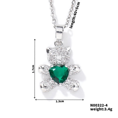 304 Stainless Steel Copper Rhodium Plated Inlay Bear Heart Shape Glass Zircon Pendant Necklace