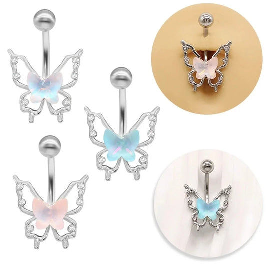 1 Piece Belly Rings Elegant Cute Tropical Butterfly 316L Stainless Steel Alloy Rhinestone Plating Inlay Acrylic White Gold Plated