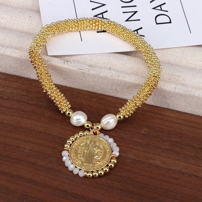 Copper 18K Gold Plated Handmade Pearl Human Round Virgin Mary Crystal Bracelets