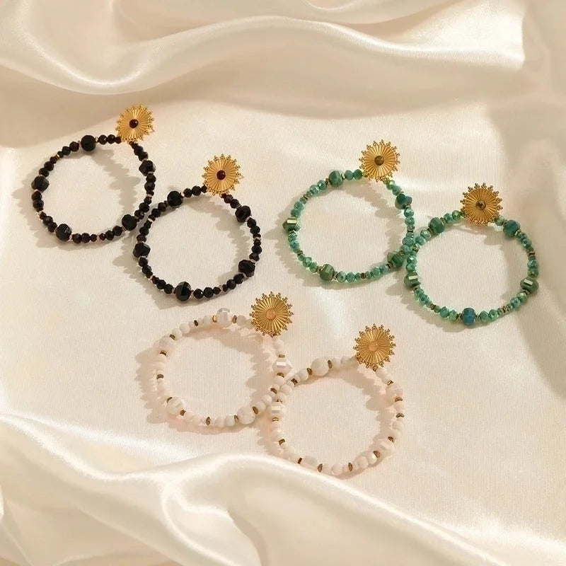 1 Pair Ethnic Style Circle Sun Beaded Handmade Inlay Stainless Steel Natural Stone Drop Earrings