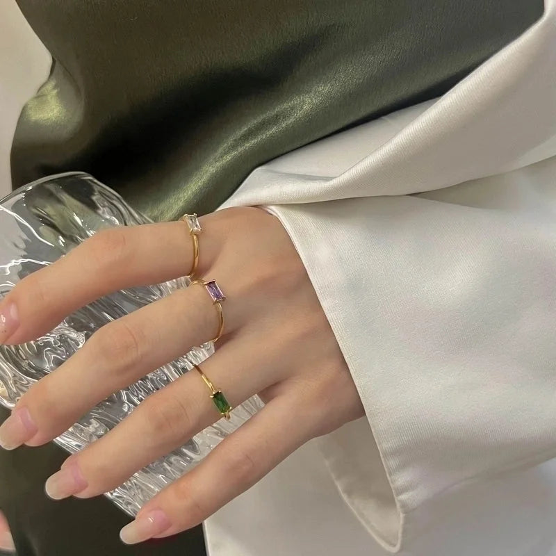 IG Style Minimalist Square Titanium Steel Zircon 18K Gold Plated Plating Inlay Rings