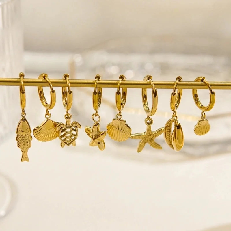 3 Pieces Beach Tortoise Starfish Shell Plating 304 Stainless Steel 14K Gold Plated Earrings