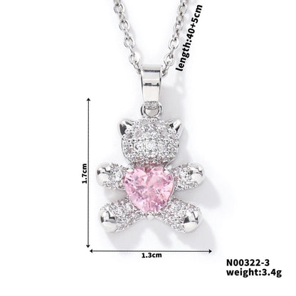 304 Stainless Steel Copper Rhodium Plated Inlay Bear Heart Shape Glass Zircon Pendant Necklace