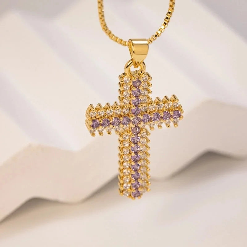 Copper 18K Gold Plated Inlaid Zircon Cross Zircon Pendant Necklace