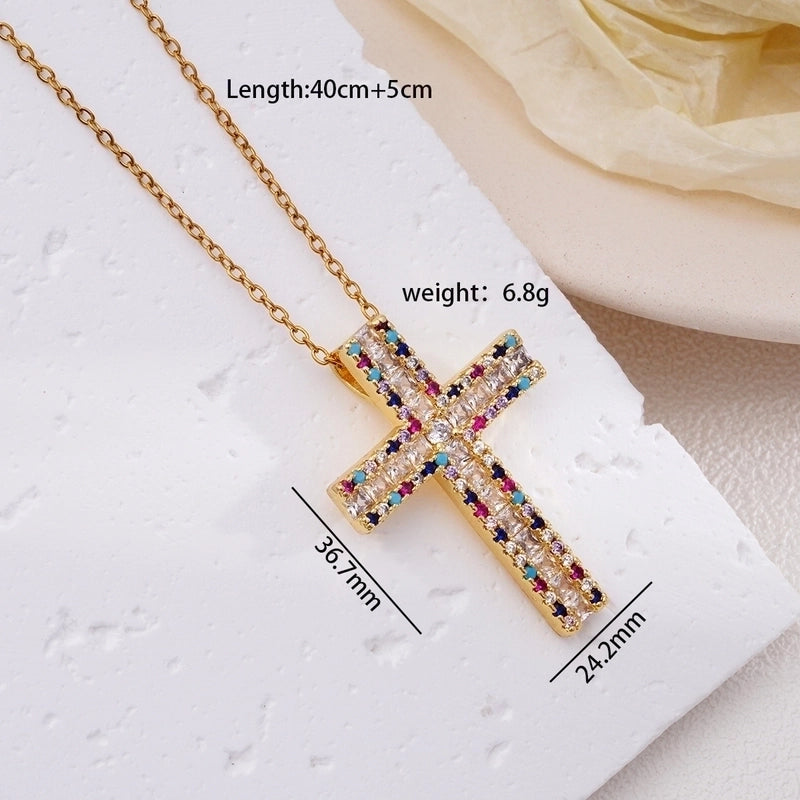 304 Stainless Steel Copper Inlay Cross Zircon Pendant Necklace