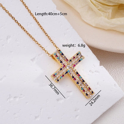 304 Stainless Steel Copper Inlay Cross Zircon Pendant Necklace