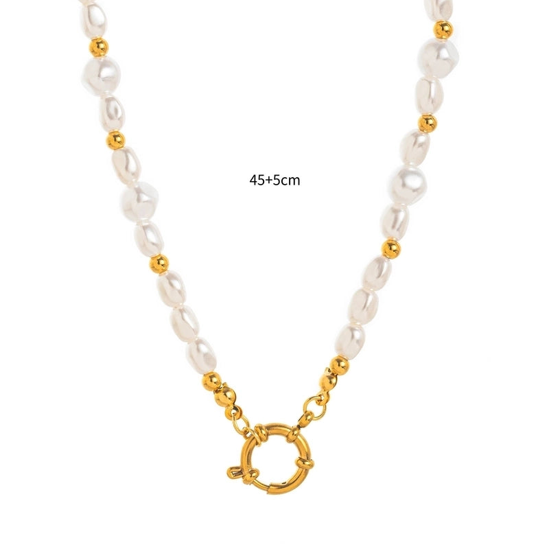 Minimalist Circle Pearl 201 Stainless Steel 304 Stainless Steel Zircon 18K Gold Plated Beaded Inlay Pendant Necklace