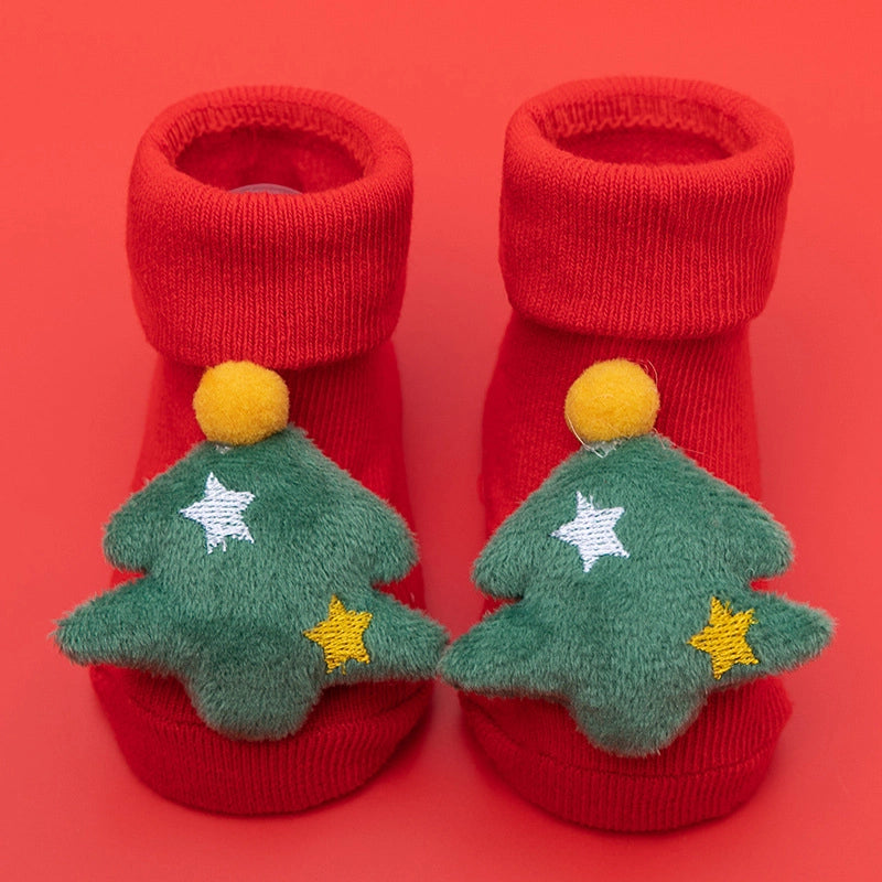 New Newborn Baby Socks Autumn And Winter A Cotton Red Terry Fleece-lined Thickened Non-slip Baby Christmas Floor Socks 1