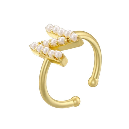Copper 18K Gold Plated Plating Inlay Letter Artificial Pearls Open Rings