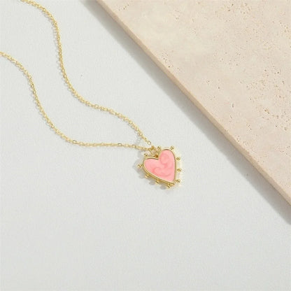 Vintage Style Minimalist Commute Heart Shape Copper Enamel 14K Gold Plated Pendant Necklace