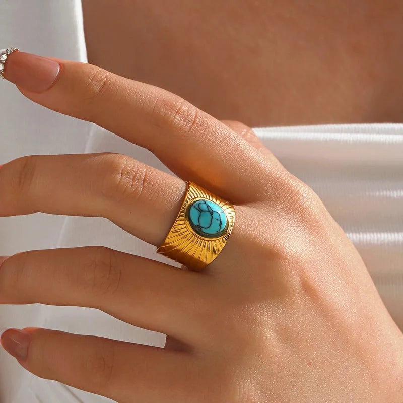 Retro Exaggerated Oval 304 Stainless Steel Natural Stone Turquoise 18K Gold Plated Plating Inlay Open Rings