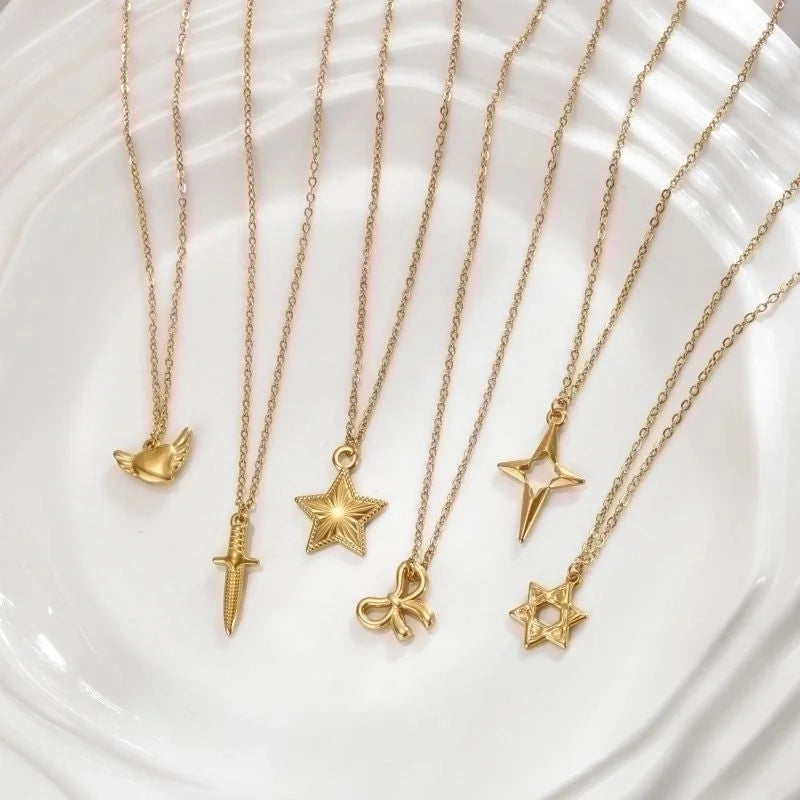 Stainless Steel 18K Gold Plated Minimalist Polishing Plating Star Heart Shape Bow Knot Pendant Necklace