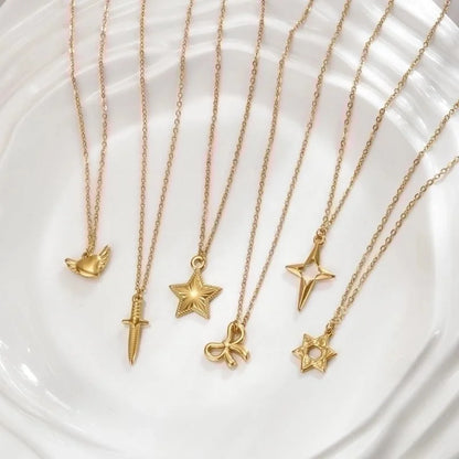 Stainless Steel 18K Gold Plated Minimalist Polishing Plating Star Heart Shape Bow Knot Pendant Necklace
