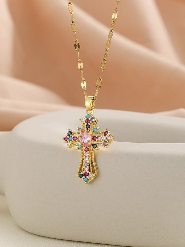 Copper Inlay Cross Rhinestones Pendant Necklace