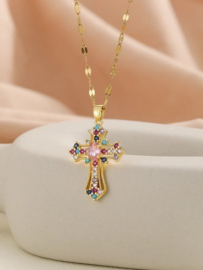 Copper Inlay Cross Rhinestones Pendant Necklace