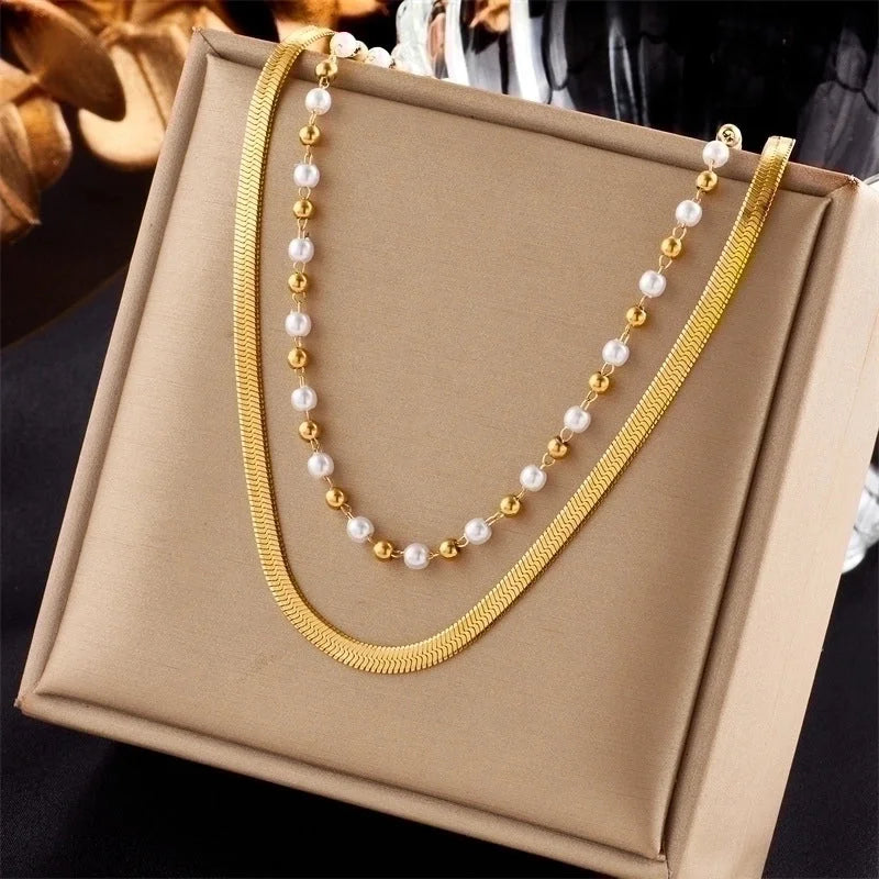 Casual Minimalist Solid Color Titanium Steel Beaded Pearl Plating 18k Gold Plated Layered Necklaces