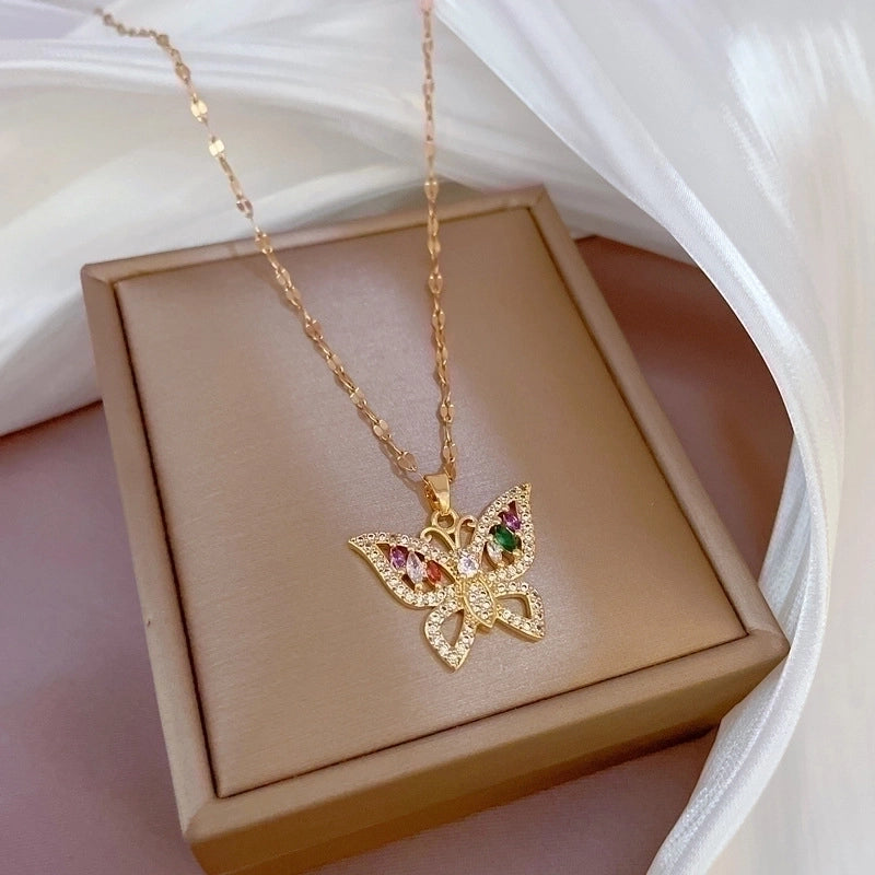 Minimalist Butterfly Titanium Steel Copper Plating Inlay Zircon Pendant Necklace