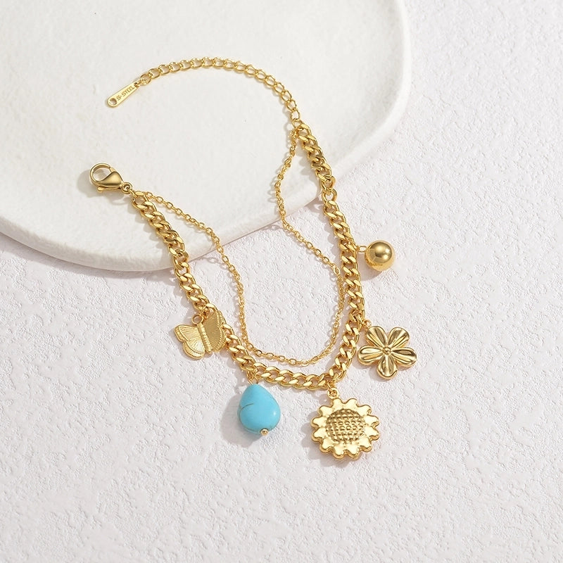 Sweet Minimalist Heart Shape Flower Butterfly 304 Stainless Steel 18K Gold Plated Figaro Chain Multi Charms Bracelet Bracelets In Bulk