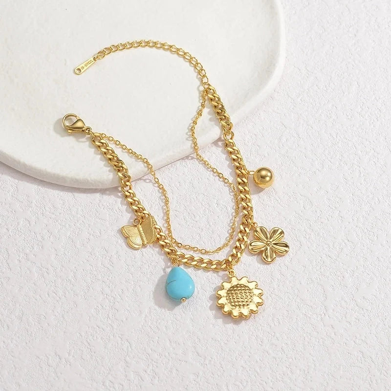 Sweet Minimalist Heart Shape Flower Butterfly 304 Stainless Steel 18K Gold Plated Figaro Chain Multi Charms Bracelet Bracelets In Bulk