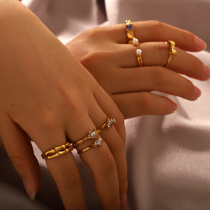 Open Ring IG Style Textured Pearl Bowknot Geometric Stainless Steel Zircon Inlay Rings