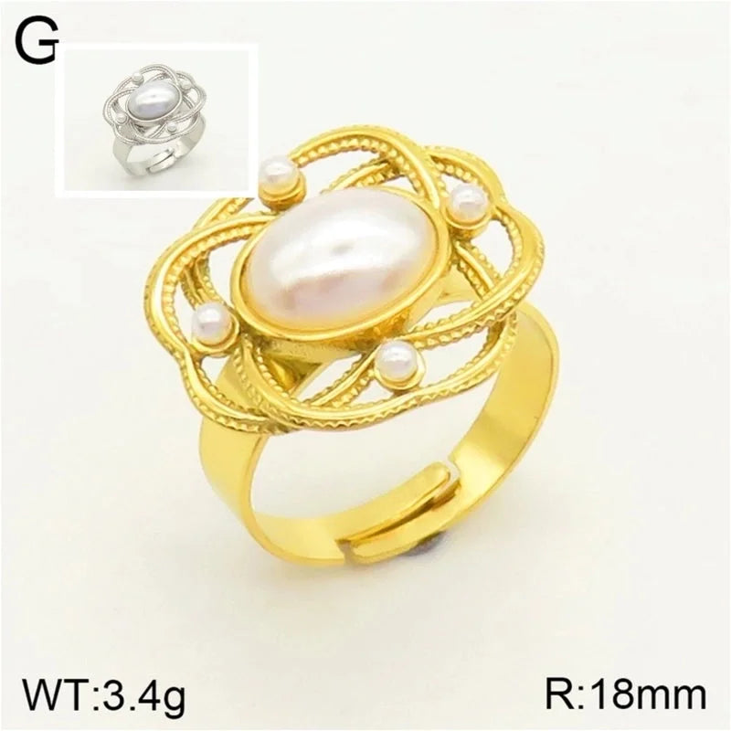 Elegant Geometric 304 Stainless Steel Artificial Pearls 18K Gold Plated Adjustable Ring