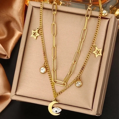 Vintage Style Commute Devil\'s Eye Star Moon 304 Stainless Steel Turquoise Rhinestones Shell 18K Gold Plated Plating Inlay Layered Necklaces