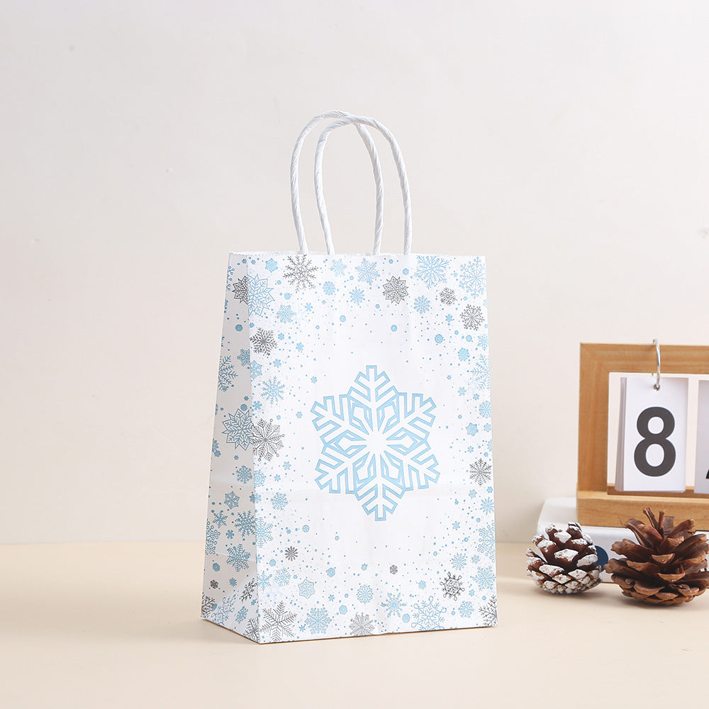 12 Pieces Christmas Snowflake Gift Bag Cartoon Printed Handheld Kraft Paper Bag Party Gift Paper Bag Handheld Bag Candy Bag
