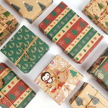 Large Size Gift Wrapping Paper Roll Brown Christmas Reindeer Head Elk Green Plaid Gift Box Recyclable Gift Paper