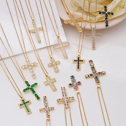 304 Stainless Steel Copper Inlay Cross Zircon Pendant Necklace