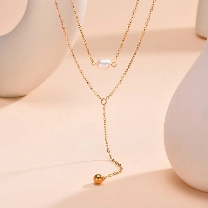 Minimalist Classic Style Solid Color 201 Stainless Steel Artificial Pearls Zircon 18K Gold Plated Layered Long Necklace