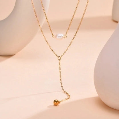 Minimalist Classic Style Solid Color 201 Stainless Steel Artificial Pearls Zircon 18K Gold Plated Layered Long Necklace