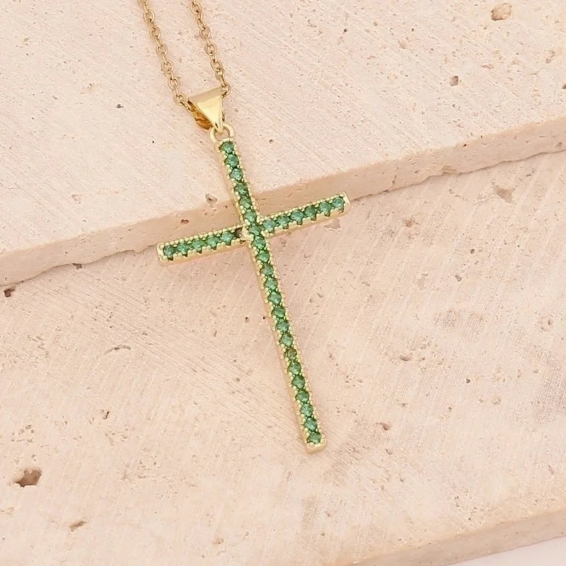 Stainless Steel Copper 18K Gold Plated Fashion Inlay Cross Zircon Pendant Necklace