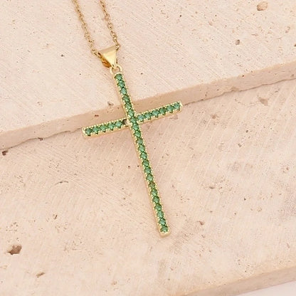 Stainless Steel Copper 18K Gold Plated Fashion Inlay Cross Zircon Pendant Necklace