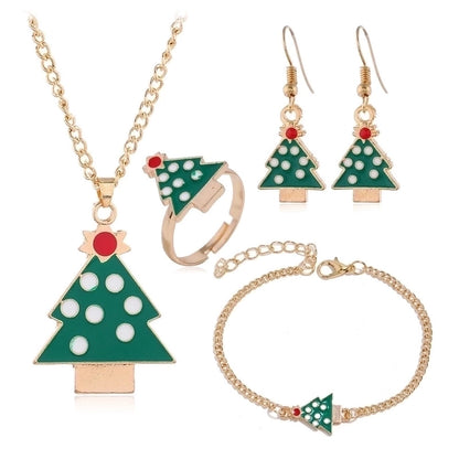 Christmas Series Earrings Necklace Bracelet Ring Set Santa Elk Bell Gift Jewelry