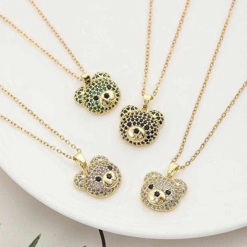 304 Stainless Steel Copper 18K Gold Plated Inlay Bear Zircon Pendant Necklace