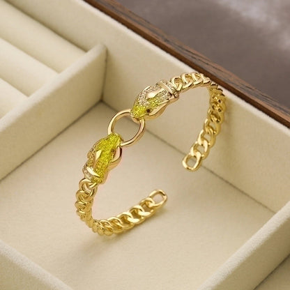 2 Pieces Hip-hop Leopard Copper 18k Gold Plated Pearl Zircon Bangle In Bulk