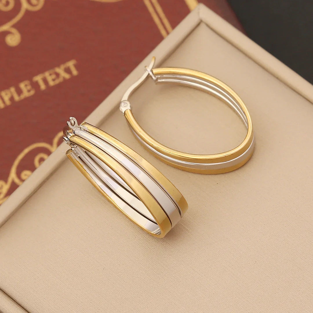 IG Style Ellipse Round Stripe Circle Geometric Stainless Steel Electroplating Earrings