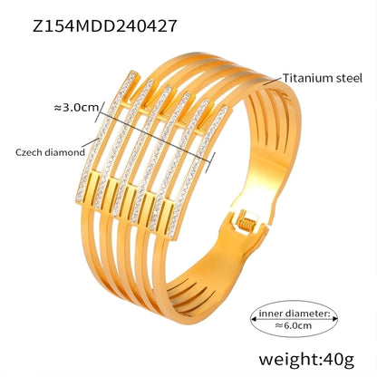 Casual Minimalist Hexagon Round Titanium Steel 18K Gold Plated Rhinestones Bangle In Bulk